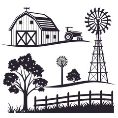 Farm elements barn tractor windmill trees fence vector