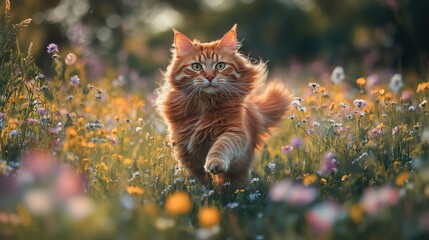 Ginger Cat Running Through Colorful Meadow