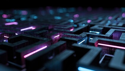 Complex digital maze with neon lights