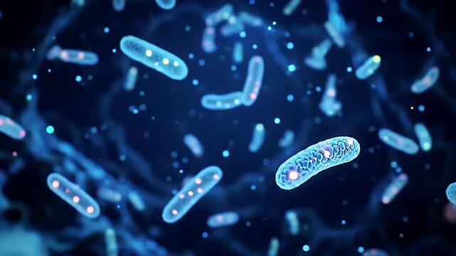 Microscopic View of Rod Shaped Bacteria with Glowing Internal Structures in Blue Hue Floating Through Dark Fluid Cinematic Animation for Biology and Medical Visualization 198