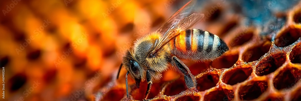 Poster macro shot of honeybee collecting nectar on honeycomb with vibrant colors and intricate patterns.