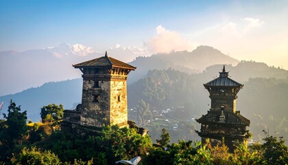 Ancient towers in Himalayan valley at sunrise