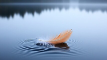 Delicate feather gracefully floating on a tranquil lake, creating gentle ripples in the misty water.