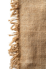 Close up view of coarse burlap fabric with frayed edges and a transparent background