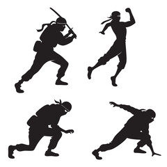 Four black ninja silhouettes in action poses warrior