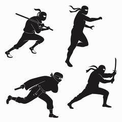 Four black ninja silhouettes in action poses white © ADOBE