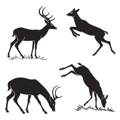 Four deer silhouettes in various poses antelope black and white
