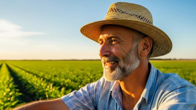 Smiling farmer at field against sky, happy agriculture worker portrait