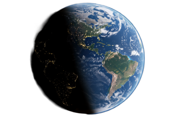 Ultra-realistic Planet Earth from orbit, 3/4 view, detailed Americas, Europe, Africa, dynamic clouds, vibrant oceans, illuminated by sun in deep space, concept of global connectivity and future