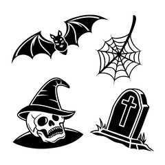 Halloween icons bat skull spiderweb tombstone vector