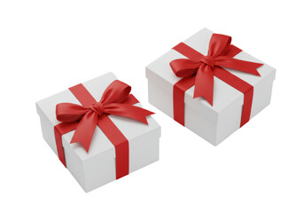 Two transparent square gift boxes with red satin ribbons on a transparent surface, minimalist top-down flat lay, sharp focus, high-key aesthetic. Concept of premium gifting and appreciation