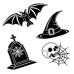 Halloween icons bat witch hat tombstone skull vector