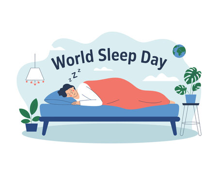 World Sleep Day illustration: A vibrant illustration celebrating World Sleep Day, with a figure peacefully sleeping on a bed, surrounded by elements symbolic of rest and well-being.