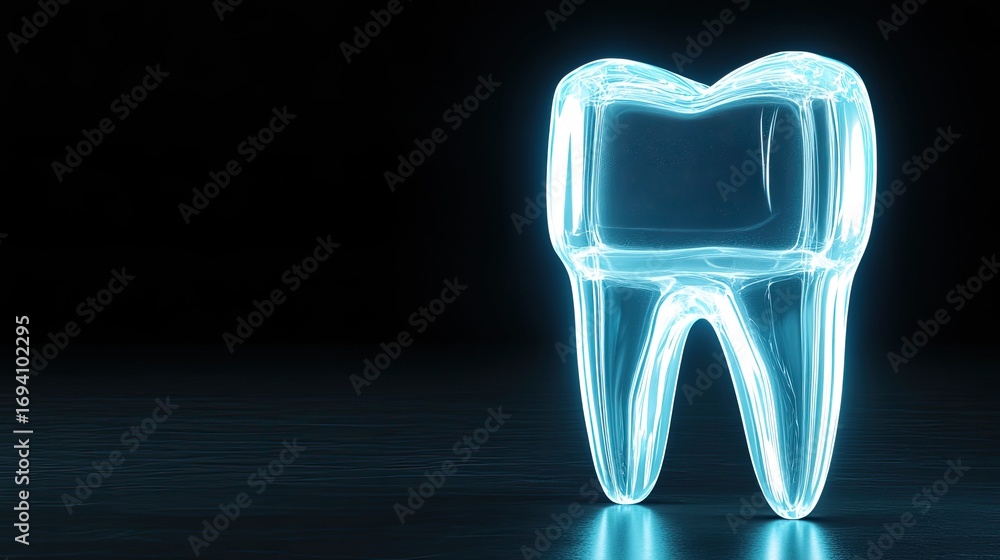 Poster a glowing blue holographic representation of a tooth is set against a dark background filled with ab