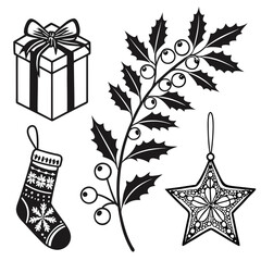 Holiday gift box holly stocking star ornament christmas