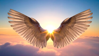 Angel wings over sunset clouds