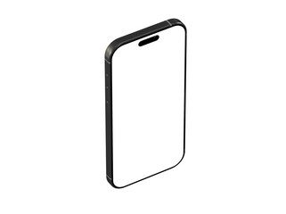 Isometric view of a black smartphone with blank screen. Perfect for app presentations, technology concepts, and mobile device designs.