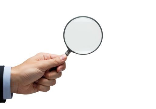 Light-skinned hand meticulously holding a sleek magnifying glass, conveying precision and strategic attention to detail on a seamless bright white studio background, concept of focused analysis