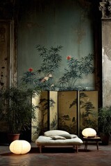 A serene, vintage-inspired room with a muted color palette, featuring a traditional Japanese-style room divider and a low futon.
