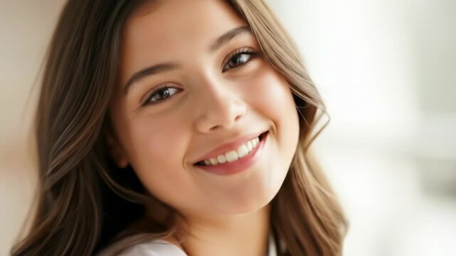 Close-up portrait of a young woman with curly hair and a nice smile.