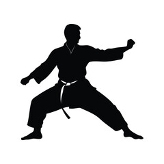 Silhouette of a Martial Artist Performing Karate Stance on a White Background, martial artist practicing kata silhouette vector illustration