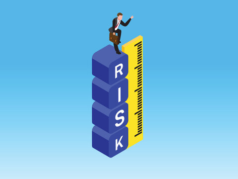 Businessman standing on a "RISK" stack of blocks with a measuring stick 3d isometric vector illustration