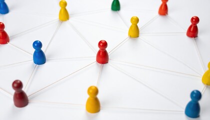 colorful network of toy figures connected by string, with a white background and various colors