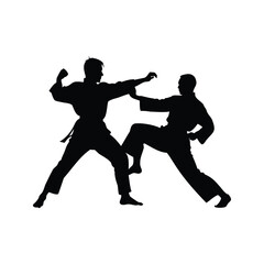 Dynamic Silhouette of Two Karate Practitioners Engaged in a Sparring Match, martial artist practicing with partner silhouette vector illustration