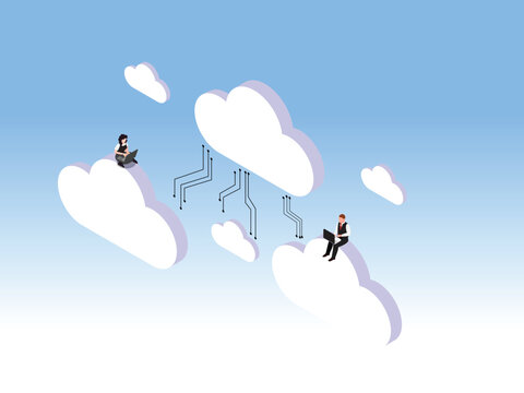 Cloud computing and digital data transfer between business people 3d isometric vector illustration