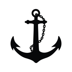 Simple black anchor silhouette with chain on a clean white background, anchor with chain silhouette vector illustration