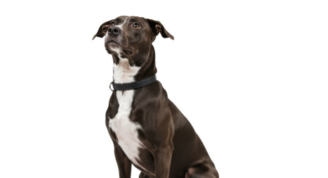 A sleek, medium-sized mixed-breed dog with dark coat, white markings, black collar, sits calmly, looking curiously up-right on a bright white studio background. Concept of dedicated attentiveness