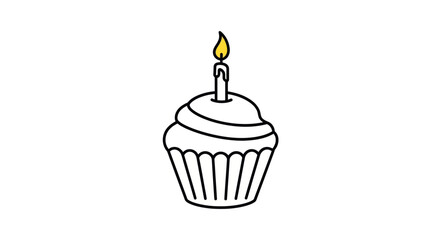 A simple line art illustration of a birthday cupcake with one lit candle on top.