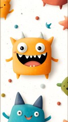 Fototapeta premium Friendly smiling monsters laying on white background with colorful dots
