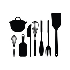 Monochrome illustration of cooking utensils, kitchenware and food preparation tools concept, baking utensils silhouette vector illustration