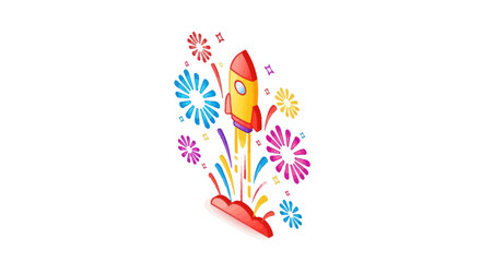 Cartoon Rocket Launching with Colorful Fireworks Display.