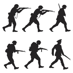 Marching soldiers with rifles and backpacks silhouettes