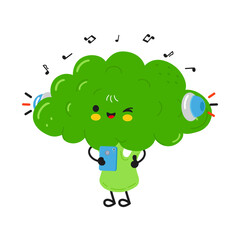 Cartoon broccoli enjoying music