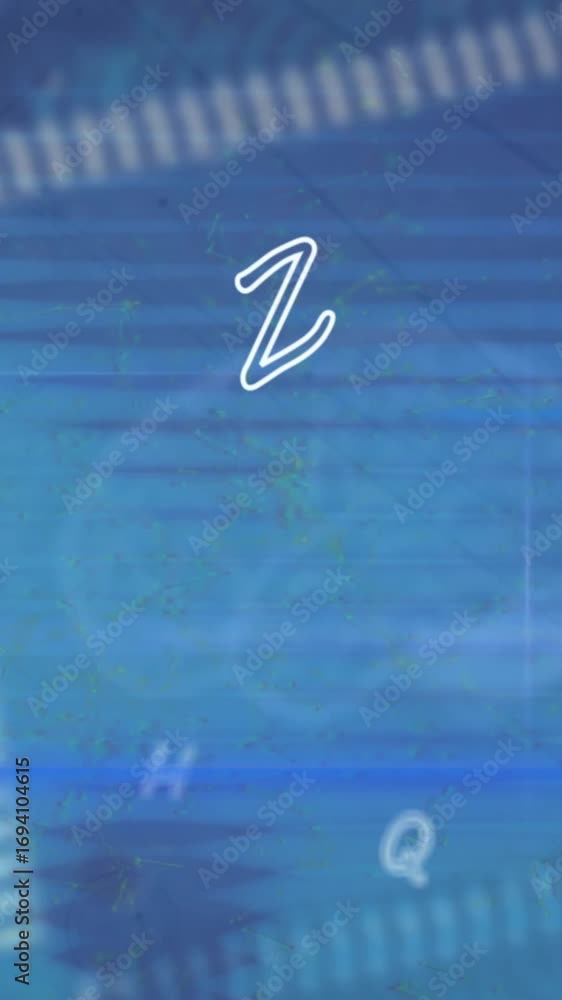 Poster animation of multiple alphabets floating over close up of a computer server
