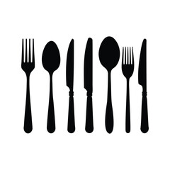Black and White Cutlery Silhouette Arrangement Featuring Forks, Spoons and Knives, cutlery set silhouette vector illustration