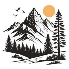 Mountain landscape with sun and birds peak sunrise