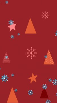 Animation of snow falling over christmas decoration and pattern