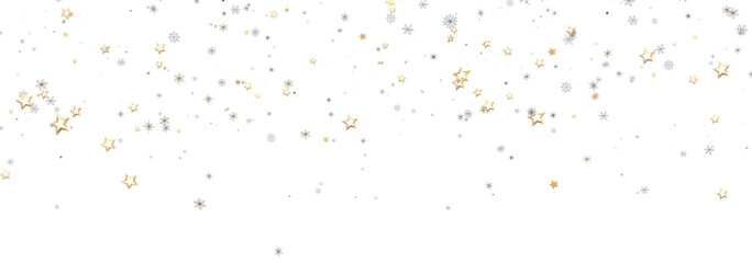 Festive winter background with gold stars and snowflakes falling on white. Perfect for holiday designs.