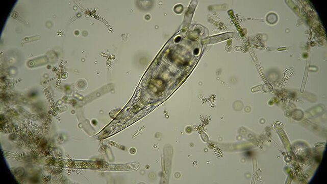Paramecium Caudatum Protozoa Specimen Under Microscope Close Up View in Biology Lab Research on Transparent Background Perfect for Science Education and Microbiology Studies, 20