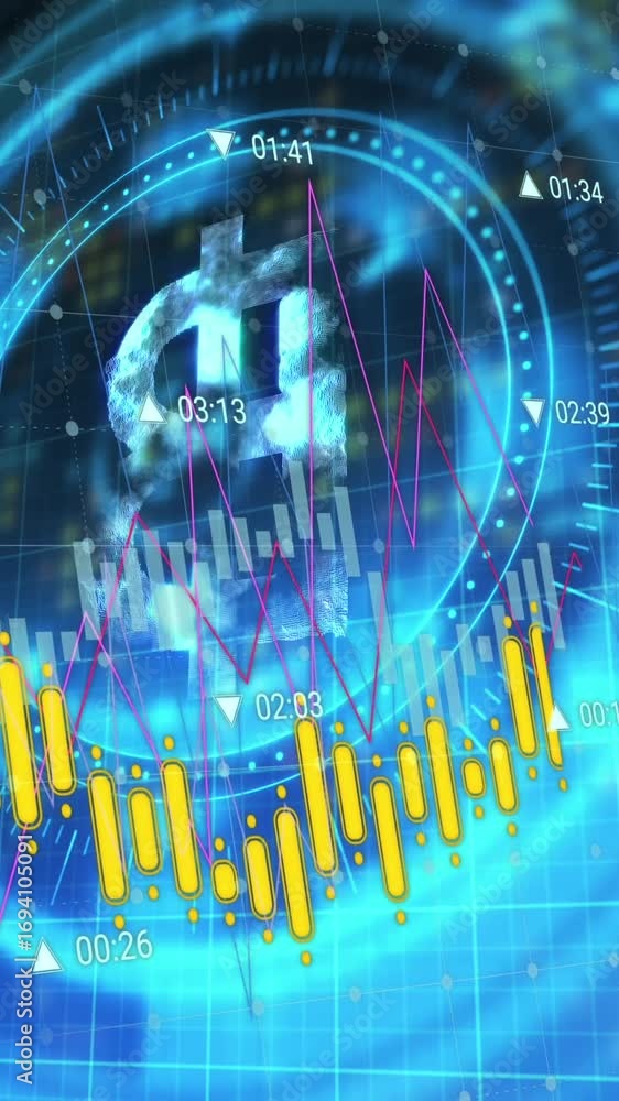 Poster animated bitcoin and graphs depict finance and tech concepts.