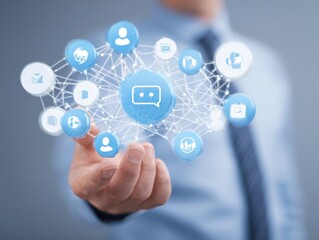 Fototapeta premium Social media marketing. Businessperson holding network structure and speech balloon icons.