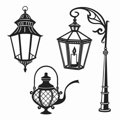Ornate lantern streetlamp teapot silhouettes black and white