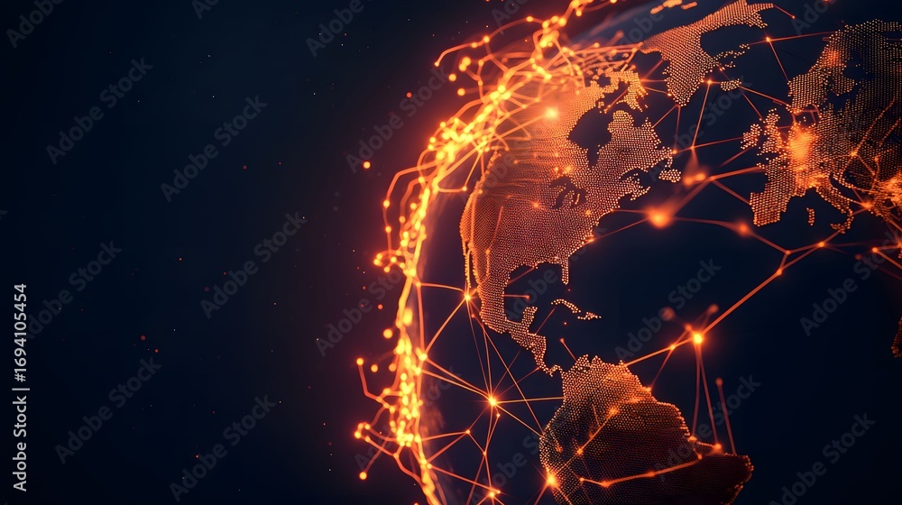 Poster the image shows a stylized, glowing orange earth with interconnected network lines and points of lig