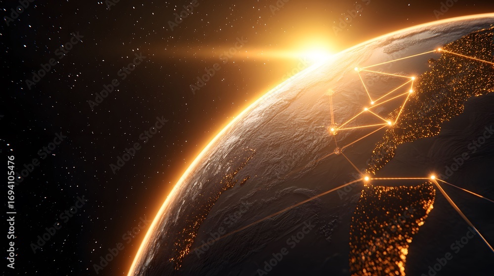 Poster a view of earth from space, showcasing a sunrise and illuminated global network connections, set aga