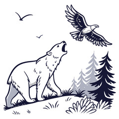 Polar bear eagle birds forest trees