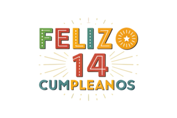 Feliz 14 Cumpleanos Birthday Design with Retro Style and Sunburst Keywords: birthday, fourteen, 14, feliz cumplea?os, happy birthday, celebration, greeting, card, PNG Transparent background